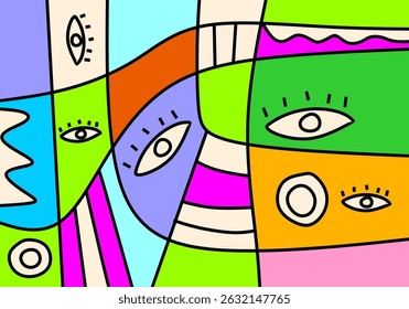 Modern cubist face art in vivid hues, combining abstract line work with expressive eyes and stylized shapes.