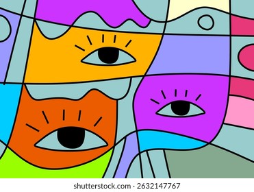 Modern cubist face art in vivid hues, combining abstract line work with expressive eyes and stylized shapes.