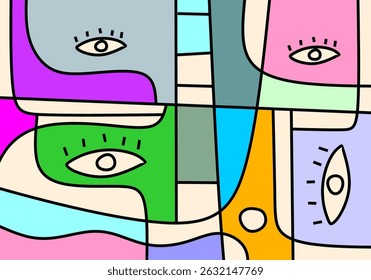 Modern cubist face art in vivid hues, combining abstract line work with expressive eyes and stylized shapes.