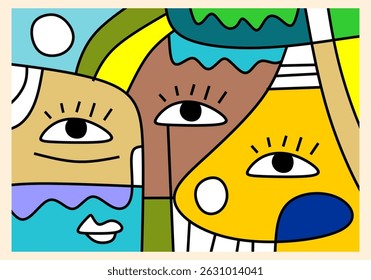 modern cubist illustration featuring abstract human faces
