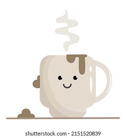 Modern cup of tea or coffee. Vector kawaii bright colorful cute cup characters with emotions. Mug with tea, coffee, matcha, milk with beautiful curly swirl smoke and drops. Flat isolated illustration.