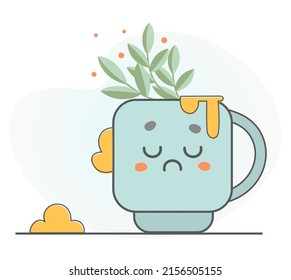 Modern cup of tea or coffee. Vector kawaii bright colorful cute cup characters with emotions. Mug with tea, coffee, matcha, milk with beautiful green branches and lush drops Flat isolated illustration