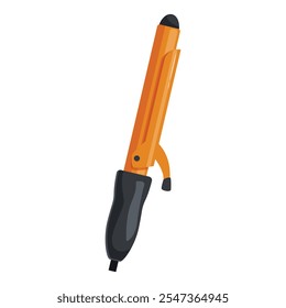 Modern curling iron with black handle and orange body, isolated on white background, creating perfect curls for women