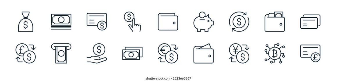 modern currency and money icon pack. perfect for linear ui designs featuring vector money card, digital currency, money exchange, wallet, exchange, payment and more icons for mobile and web apps.