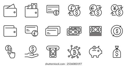 modern currency and money icon pack on white background