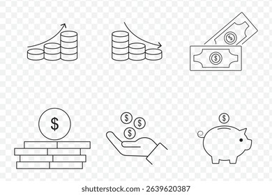 Modern currency and money icon pack. perfect for linear ui designs featuring vector money card, digital currency, money exchange, wallet, exchange, payment and more icons for mobile and web apps.