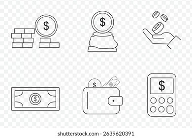 Modern currency and money icon pack. perfect for linear ui designs featuring vector money card, digital currency, money exchange, wallet, exchange, payment and more icons for mobile and web apps.