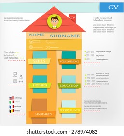 Modern curriculum vitae - cv, resume, biography, house, building with shadows, colorful labels, text, icon with head of smiling man