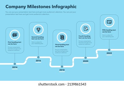 Modern curved road map timeline with five pointers - blue version. Easy to use for your website or presentation.