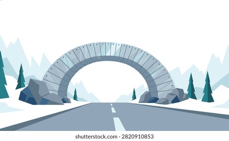 Modern curved stone arch bridge over an asphalt road set within a minimalist snowy mountain landscape with pine trees.