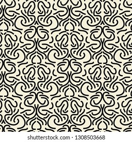 A modern curvy damask seamless repeat vector pattern.  Black on cream.