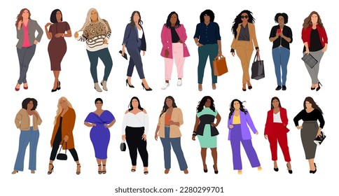 Modern curvy women vector set isolated on white. 