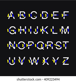 Modern custom glitch distortion alphabet font. Trendy glitch vector font. Black background. Stock vector.