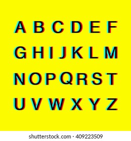 Modern custom glitch distortion alphabet font. Trendy glitch vector font. Yellow background. Stock vector.