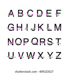 Modern custom glitch distortion alphabet font. Trendy glitch vector font. White background. Stock vector.