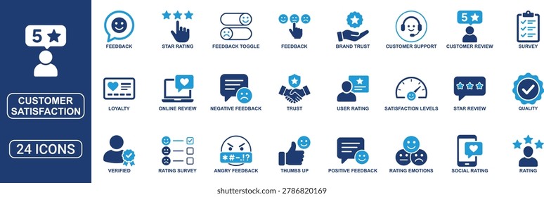 Modern customer satisfaction icon set designed for customer experience, online reviews, support systems, surveys, and business feedback projects. Includes ratings, trust, loyalty, positive feedback, negative feedback, survey, support, quality assurance, and review icons in a clean solid vector style. Perfect for apps, websites, dashboards, presentations, and marketing materials.