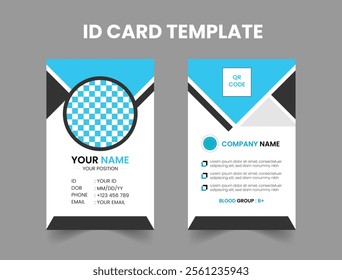 Modern and Customizable ID Card Design Template with Blue and Black. Professional ID Card Template for Employees and Businesses. Minimalist Identity Card Template for Staff and Teams.