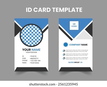 Modern and Customizable ID Card Design Template with Blue and Black. Professional ID Card Template for Employees and Businesses. Minimalist Identity Card Template for Staff and Teams.