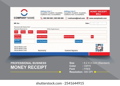 Una Plantilla de Comprobante de dinero moderna y personalizable diseñada para transacciones corporativas. Incluye secciones organizadas para detalles de transacciones, información de pago y marca ideal para profesionales. 