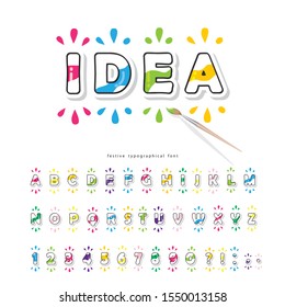 Modern cut out font with splash elements. Creative idea consept. Colorful cartoon letters with paint brush. For school, education, art design. Vector