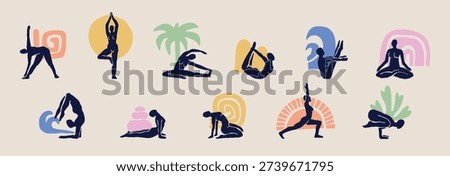 modern cut out yoga pose set with abstract shapes and boho aesthetic
