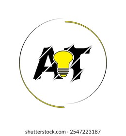 Diseño moderno del logotipo del Vector de la letra del estilo del corte AT con la bombilla. Diseño de logotipo de estilo de concepto de Tecnología.

