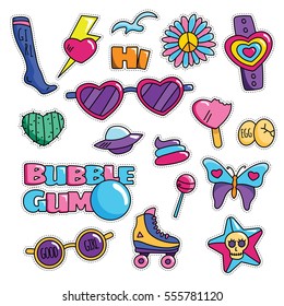 Modern Cute 80s-90s Retro Girl Power Isolated Fashion Cartoon Illustration Set Suitable for Badges, Pins, Sticker, Patches, Fabric, Denim, Embroidery and Other Girly Related Purpose
