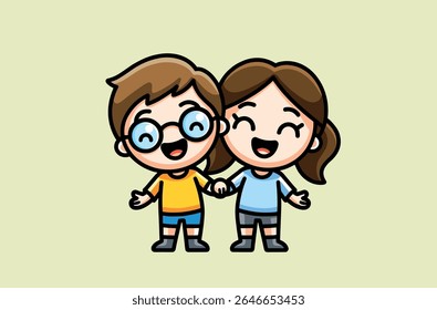 Mascotes publicitários modernos e fofos na forma de meninos e meninas sorridentes felizes. Modelo de vetor.