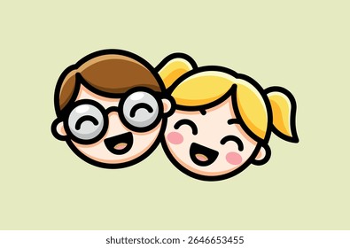 Mascotes publicitários modernos e fofos na forma de meninos e meninas sorridentes felizes. Modelo de vetor.