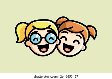 Mascotes publicitários modernos e fofos na forma de meninos e meninas sorridentes felizes. Modelo de vetor.