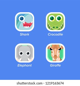 Modern cute animal heads logo set shark crocodile alligator elephant giraffe vector isolated