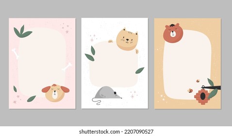 Moderno juego de tarjetas de animales lindos, fondo de cumpleaños con perro, gato y ratón, mínimo diseño escandinavo, lugar vacío para texto. Ilustración del vector