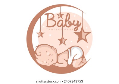 Bebé lindo y moderno durmiendo en el logo de la luna. Ilustración vectorial.