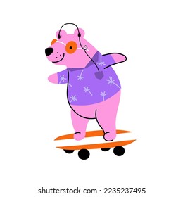 Modern cute bear skating, isolated on white background. Colorful vector illustration in cartoon 80s-90s style. 