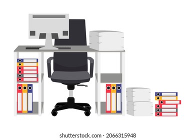 Modern cute beautiful desk with chair table pc computer with some paper pile file folder