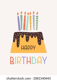 Moderna tarjeta de cumpleaños adorable con pasteles y velas aisladas en un fondo pastel. Ilustración simple de dibujos animados vectoriales