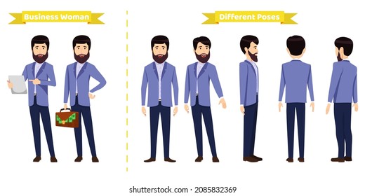 Moderno y bonito personaje de negocios vestido con un traje de negocios con una pose diferente con vista frontal trasera para la creación de animación