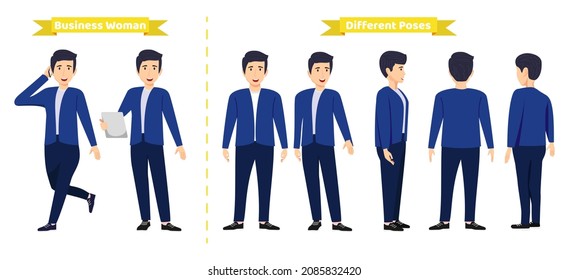 Modern cute businessman character set wearing business outfit with different pose with front side back view for animation creation colorful