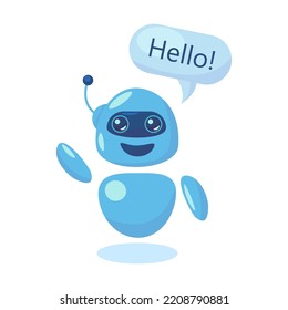 Modern cute chat bot in different poses flat illustration. Robot for mobile app isolated vector illustration. Conversation and AI intelligence