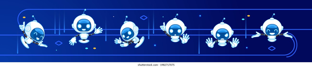 Modern cute chatbot character in different poses cartoon illustration set. Friendly robot for mobile app vector illustration collection. Conversation and AI intelligence concept.