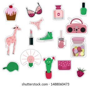 Modern cute colorful patch on white background. Fashion patches lipstick, cactus, handbag, sneakers, tape, cupcakes, etc. in a cartoon style. Vector illustration of chic fashion icons.  