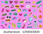 Modern cute colorful patch set on pink background. Fashion patches of cherry, strawberry, watermelon, lips, rose flower, rainbow, hearts, comic bubbles etc. Cartoon 80s-90s style. Vector illustration