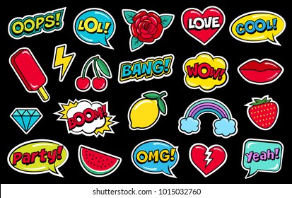 Modern cute colorful patch set on black background. Fashion patches of cherry, strawberry, watermelon, lips, rose flower, rainbow, hearts, comic bubbles etc. Cartoon 80s-90s style. Vector illustration