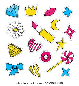 Modern cute colorful patch set on white background. Fashion patches of diamond, lipstick, crown, lips, flowers, moon, hearts, star, panties etc. Vector illustration in doodle style.