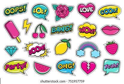 Modern cute colorful patch set on white background. Fashion patches of cherry, strawberry, watermelon, lips, rose flower, rainbow, hearts, comic bubbles etc. Cartoon 80s-90s style. Vector illustration