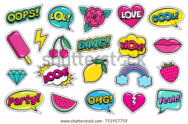 Modern cute colorful patch set on white\
background. Fashion patches of cherry, strawberry, watermelon,\
lips, rose flower, rainbow, hearts, comic bubbles etc. Cartoon\
80s-90s style. Vector\
illustration