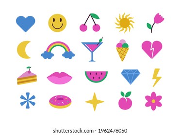Modern cute colorful stickers set on white background. Flat patches of cherry, ice cream, diamond,  watermelon, lips, flower, rainbow, hearts, etc. Cartoon 80s-90s style. Vector illustration