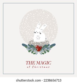 Modern cute corporate holiday cards with bunny, gifts, background and copy space. Universal art templates.