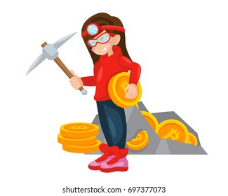 Modern Cute Female Bitcoin Miner Character Illustration