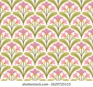 Modern cute floral art deco seamless pattern. Vector damask illustration with leaves. Decorative botanical background.